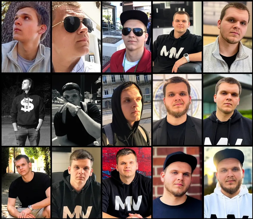 A grid of fifteen profile photos of Isaac Mashman over the years: hoodies, caps, sunglasses, and portraits, from his teens to today