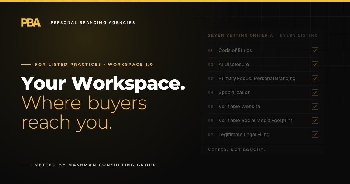 Your Workspace. Where buyers reach you. Workspace 1.0 for listed practices on Personal Branding Agencies